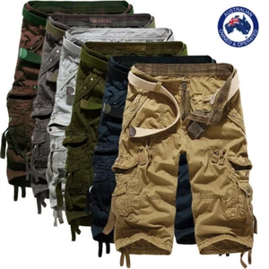Mens Casual 3/4 Long Length Shorts Elasticated Waist Cotton Cargo Combat Pants - Picture 1 of 23
