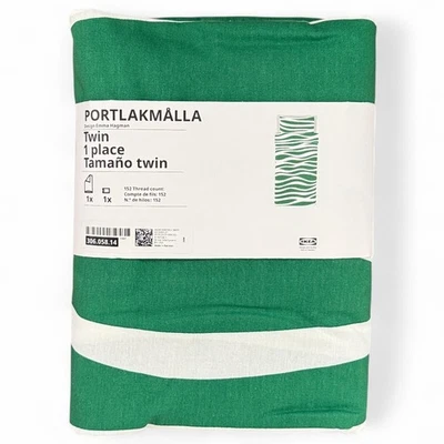IKEA PORTLAKMALLA Green & White Twin Duvet Cover & Pillowcase - Image 1 of 2