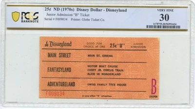 1970s 25c Disney Ticket Disneyland Junior Admission B PCGS VF30 - Image 1 of 2