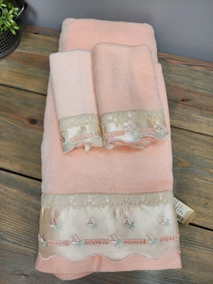 Juego de 4 toallas de baño vintage de lino Avanti 1978 rosa floral Foto 1 de 4