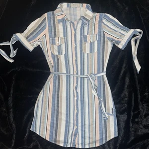 Long Sleeve Button-Down Dress with Pockets & Drawstring Waist Small Cotton - Picture 1 of 6