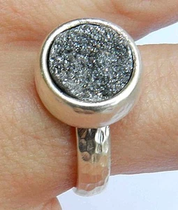 Hammered Yellow Gold 24K Plated Ring w Turquoise Druzy Agate Stone Size 6.5 - Picture 1 of 12