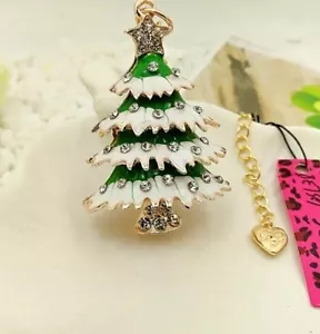 Betsey Johnson Necklace CHRISTMAS TREE Green WHITE SNOW Gold Crystals - Picture 1 of 4