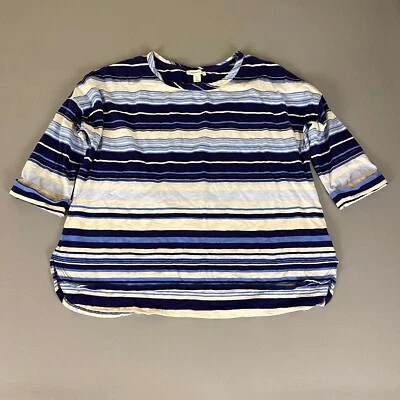 Coldwater Creek T 恤上衣 2X 蓝色白色条纹 3/4 袖休闲棉 — 第 1/4 张图片