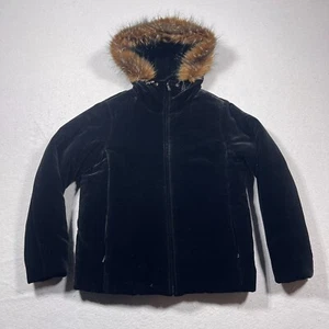 Ralph Lauren Black Velvet Silk Faux Fur Hooded Cinched Jacket Parka Coat P / S - Picture 1 of 10