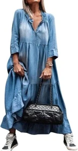 Women Long Denim Dress Summer Jean Dress Sundress Casual Flowy Ruffle Maxi Dress - Picture 1 of 24