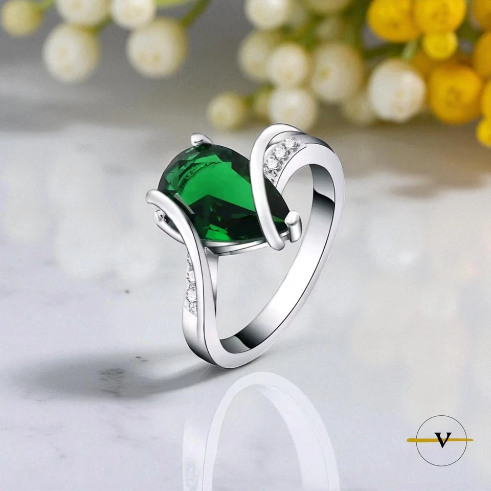 ANELLO DONNA IN ARGENTO 925 RODIATO CON ZIRCONE A GOCCIA VERDE MISURA 19 - Immagine 1 di 4