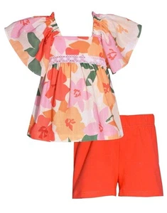 NEW Bonnie Jean Girls Size 7 "ORANGE FLOWER POP" Peasant Top Shorts Set NWT - Picture 1 of 4