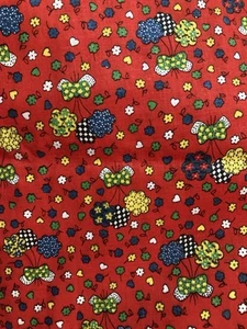 Vintage Cotton Fabric Blue Yellow Green Gingham Flowers on Red Calico 3.25Yx36"W - Picture 1 of 4