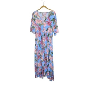 Blumen Maxikleid V-Ausschnitt Freizeit Sommerkleid blau rosa Größe L - Bild 1 von 11
