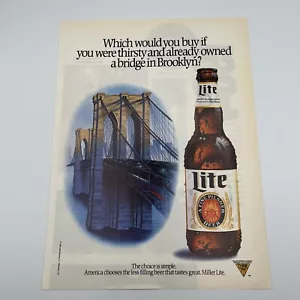 Miller Light Beer 1989 Vtg Print Ad 8"X11" Lite Beer or Brooklyn Bridge wall art - Picture 1 of 1