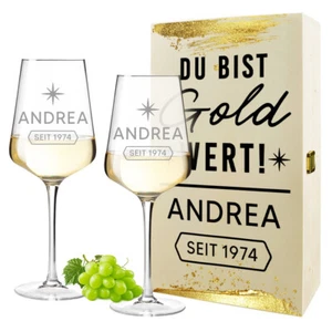Wine Glasses 2er-Set & Wooden Box With UV Print - Desired Engraving - Present - Bild 1 von 60