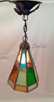 LUSTRE SUSPENSION ART DECO VITRAIL A L'ETAIN - Photo 1/4