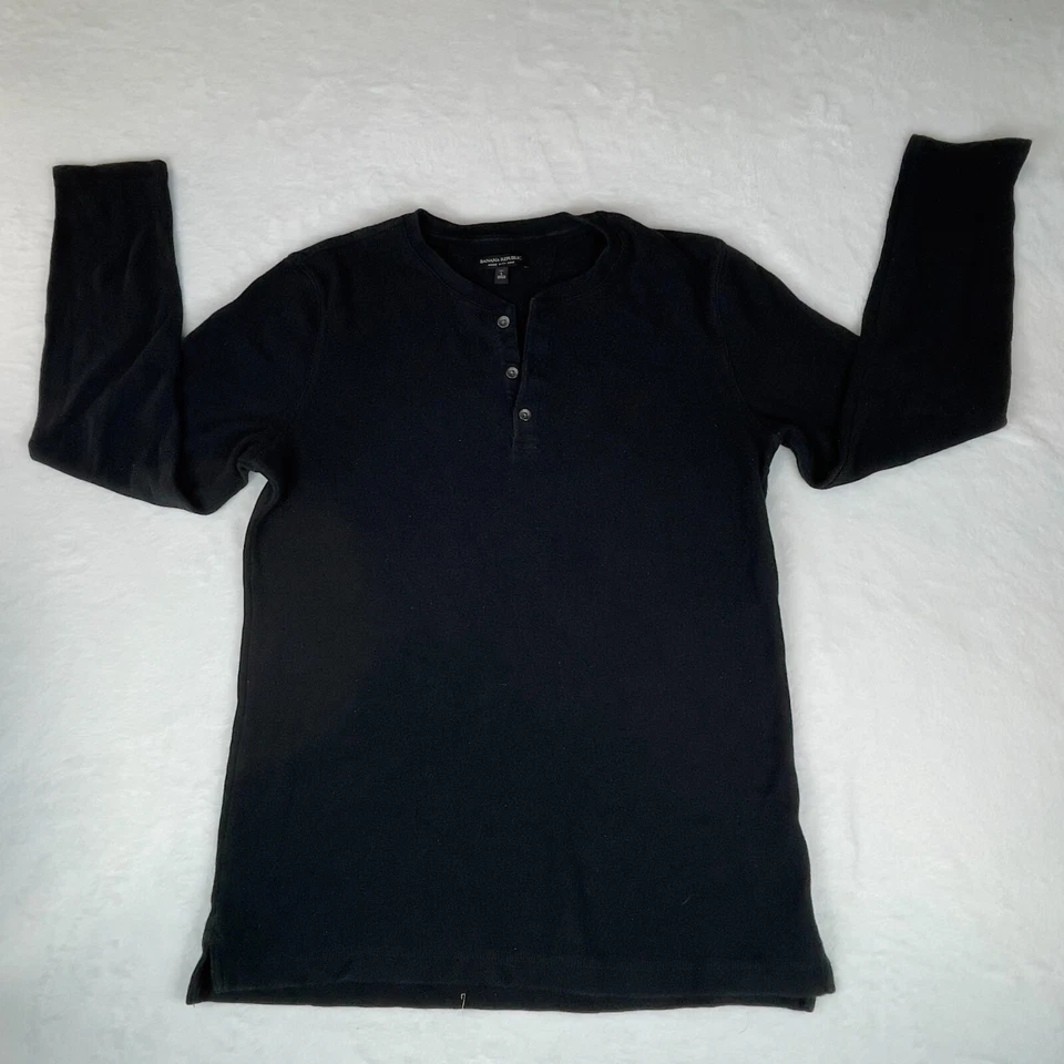 Banana Republic Shirt Mens Large Black Solid Knit Casual Long Sleeve Henley Neck - Image 1 of 4