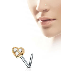 Nose L Bend Ring Heart Gems 4mm Head Rose Gold IP 20 Gauge 1/4" - Picture 1 of 3