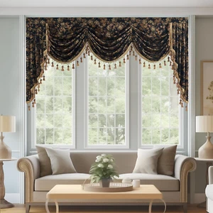Velvet Tassel Waterfall Valance for Windows, Gold Floral Print Short Tier Curtai - Picture 1 of 7