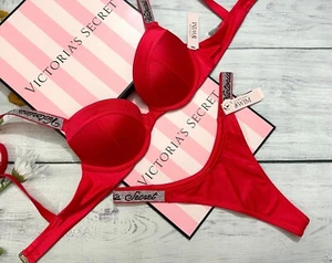Victoria's Secret Swim Push-Up-Bikini-Tanga-Set Logo Glanz Träger Tee rot/pink - Bild 1 von 8