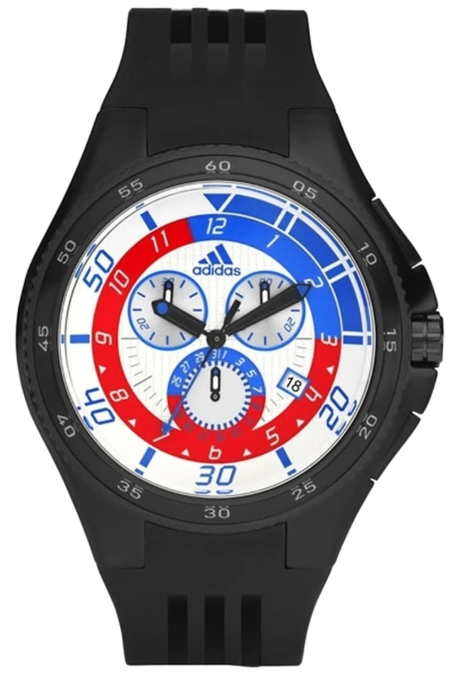 NEW ADIDAS BLACK POLYURETHANE BAND BLUE,RED,WHITE DIAL CHRONO WATCH-ADP4033 - Image 1 of 1