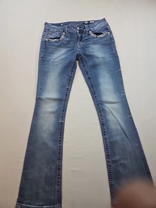 Pantalones de mezclilla Miss Me tiro bajo adornados acampanados/corte bootcut "talla 28x31" pedrería brillantes - Imagen 1 de 17