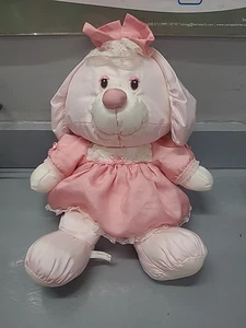 1987 Potpourri Press rosa Häschen Kaninchen Nylon Plüsch Schleife Spitze Kleid genähte Augen - Bild 1 von 2