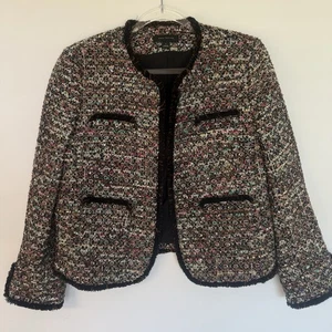 Ann Taylor Tweed Multicolor Sequin Chenille Open Front Fringe Jacket Sz 8 - Picture 1 of 21