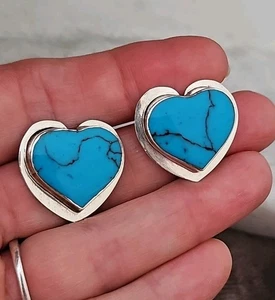Orecchini Argento Sterling Borchia Blu Simulato Turchese Forma Cuore 925 Grandi  - Foto 1 di 8