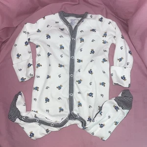 Ralph Lauren Boy 6M Polo Bear Print LS Footed White & Blue Romper w/ Hand Covers - Picture 1 of 11
