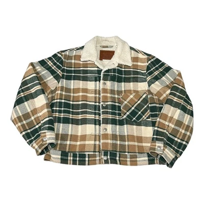 Levi’s Premium Sherpa Jacket Mens M Medium Green Plaid Wool Blend Type I Snap - Image 1 of 4