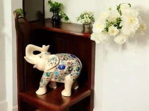 9" White Marble Elephant Trunk Up Marquetry Rare Stone Inlay Arts Home Decors - Picture 1 of 10