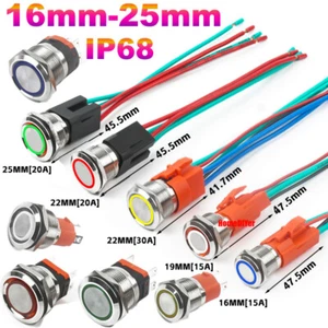 16-25mm LED Metal Push Button Switches Waterproof IP68 Momentary/Latching Switch - Picture 1 of 26