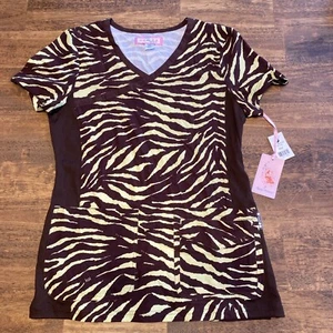 Koi Raquel XS Womens Scrub Top Animal Print Stripe Stretchy NEW Brown Green - Picture 1 of 9