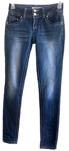 Almost Famous Womens Jeans Size 3 Skinny Blue Denim Rhinestones and Embroidered - Picture 1 of 7
