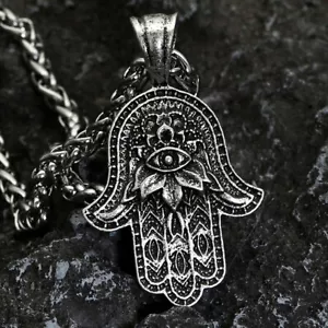 Mens Vintage Hamsa Hand with Evil Eye Pendant Necklace Protection Jewelry 24" - Picture 1 of 6