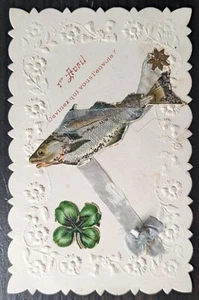 Beautiful Fish Die Cut Embellished April Fools Day Great Border French Postcard - Picture 1 of 3