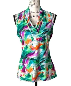 Tzu Tzu Womens Sleeveless Top V-Neck Abstract Green White Purple Size M - Picture 1 of 7