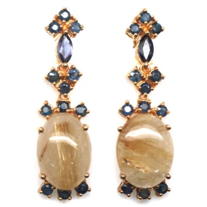 Orecchini In Argento Sterling 925 Senza Colore Con Quarzo Rutilato E Zaffiro Blu - Foto 1 di 4