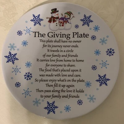 Giving Plate 12" Platter Sign Back Pass to Friends Family Snowman White Blue  - Image 1 of 2