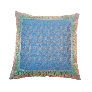 16X16 Inch Banarasi Turquoise Blue Zari Brocade Silk Paisley Cushion Covers - Picture 1 of 7