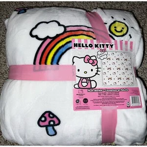 Hello Kitty Full Queen Plush Rainbow Yellow Sunshine Soft Throw Blanket New - Picture 1 of 4
