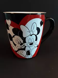 Disney Mickey & Minnie Mouse Black Mug White Heart On Front & Hand Hearts Inside - Picture 1 of 7
