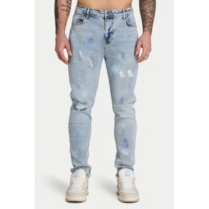 Herren Paint Splatter Distressed Denim Slim Fit Stretch Wash Jeans Blau - Bild 1 von 2