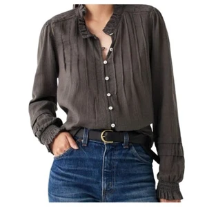 Faherty Womens Willa Top Fadded Black Ruffle Collar Button Front Size L Western - Picture 1 of 11