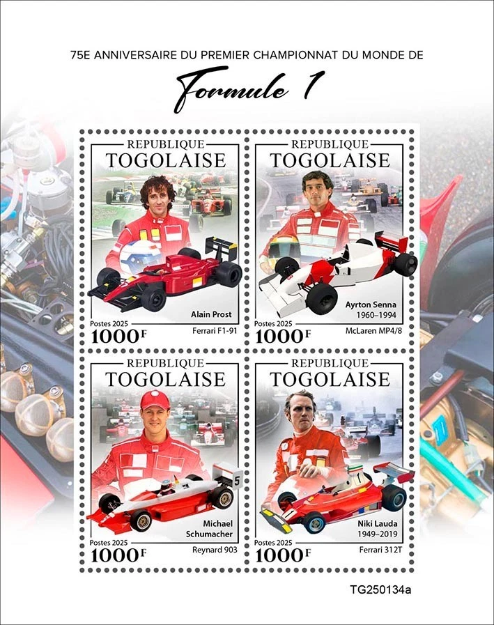 Formula 1 Alain Prost Ayrton Senna Michael Schumacher MNH Stamps 2025 Togo M/S - Image 1 of 1