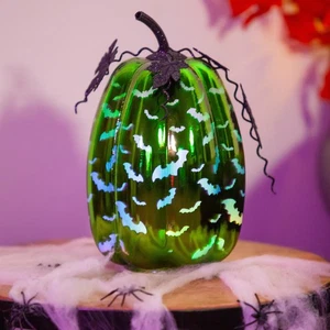 LED Glass Pumpkin ,Lime Green, Bats - Picture 1 of 2