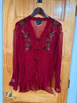Carole Little 100% Silk Embroidered Sheer Blouse Top Red Floral Romantic Vintage - Image 1 of 4