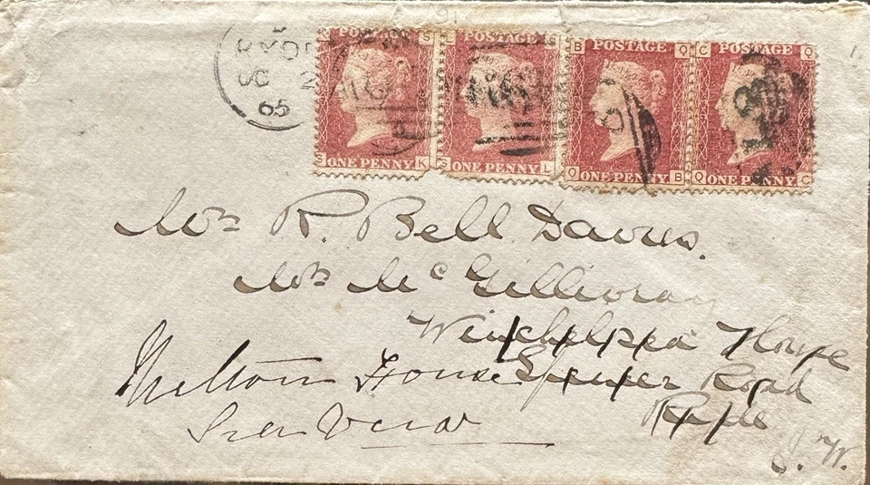 GB QV 1865 RYDE, ISLE OF WIGHT COVER PENNY RED PL98 ‘SK-SL’ & ‘QB-QC’ 02ND OCT - Image 1 of 2