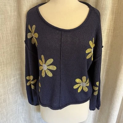 POL Sweater Womens M Oversized Navy Floral Daisy Beachy Airy Crop Boho Slouchy - Image 1 of 4