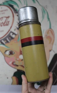 VINTAGE 1920s SAGE GREEN BURGUNDY BLACK METAL THERMOS CORK CUP LID FOR CAMPING - Picture 1 of 24