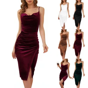 Ladies Plus SIZE 6-20 Party Evening Cocktail Velvet Midi Strappy Ruched Dress UK - Picture 1 of 23