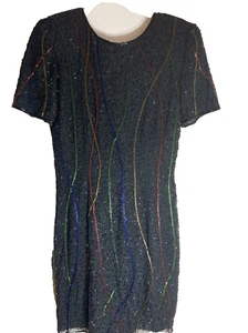 Vintage Styleworks 80s 90s Silk Fully Lined Beaded Dress Size 6 Black - Picture 1 of 8